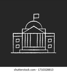 State institution chalk white icon on black background. Supreme court building entrance. National museum exterior. Urban bank. Embassy facade. Isolated vector chalkboard illustration