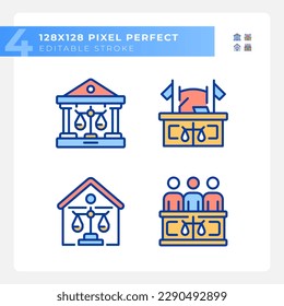 State institutions of law pixel perfect RGB color icons set. Government court institution. Legal protection. Isolated vector illustrations. Simple filled line drawings collection. Editable stroke