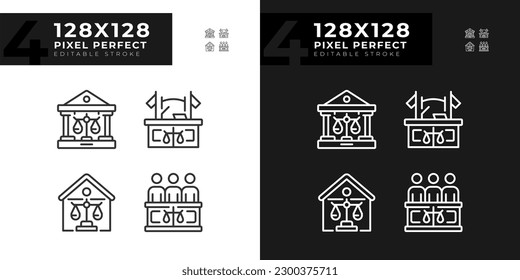 State institutions of law pixel perfect linear icons set for dark, light mode. Government court institution. Protection. Thin line symbols for night, day theme. Isolated illustrations. Editable stroke