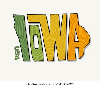 State of Iowa with the name distorted into state shape. Pop art style vector illustration for stickers, t-shirts, posters, social media and print media.