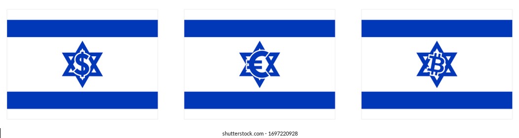 State of Israel flag with dollar, euro and bitcoin flag inside David star. Israeli trade to Europe, United States and cryptocurrency trading concept
