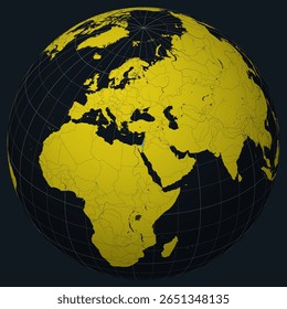 State of Israel on Globe. Country view on the world map in Charcoal Bright Yellow color palette. Israel shape on map. Globe with meridians, parallels, countries, rivers and lakes.