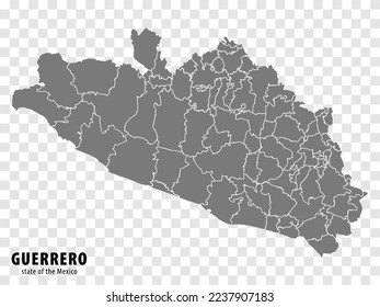 State Jalisco of Guerrero map on transparent background. Blank map of  Guerrero with  regions in gray for your web site design, logo, app, UI. Mexico. EPS10.