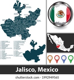 Bundesstaat Jalisco mit Gemeinden und Lage auf mexikanischer Karte. Vektorbild