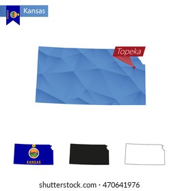 State of Kansas blue Low Poly map with capital Topeka, versions with flag, black and outline. Vector Illustration.