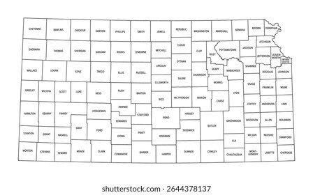 State of Kansas, subdivided into 105 counties, political map with borders and county names. State in the Midwestern region of the United States, nicknamed The Sunflower State, and The Wheat State.