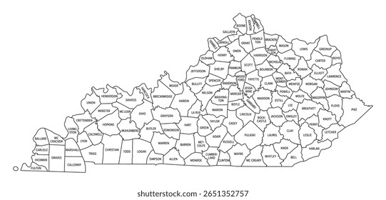 Estado de Kentucky, subdividido em 120 condados, mapa esboço. Estado na Região Sudeste dos Estados Unidos, apelidado de Estado do Bluegrass. Contorno do estado, com nomes de condado e fronteiras.