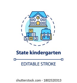 State kindergarten concept icon. Early childhood education. Preschool. Public child care center idea thin line illustration. Vector isolated outline RGB color drawing. Editable stroke