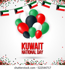 State of Kuwait national day 25 february background with waving flag, balloon, confetti with national colors. Green, red, black, white. Template design layout for card, banner, poster, flyer, card. 