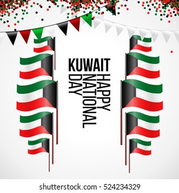 State of Kuwait national day 25 february background with waving flag, balloon, confetti with national colors. Green, red, black, white. Template design layout for card, banner, poster, flyer, card.