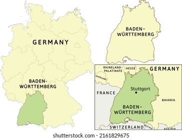 Baden-Württemberg state location on map of Germany. Capital city is Stuttgart