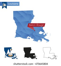 State of Louisiana blue Low Poly map with capital Baton Rouge, versions with flag, black and outline. Vector Illustration.