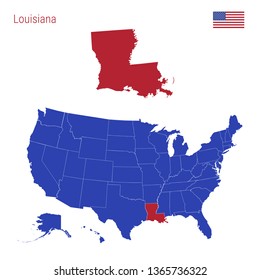 The State of Louisiana is Highlighted in Red. Blue Vector Map of the United States Divided into Separate States. Map of the USA Split into Individual States.