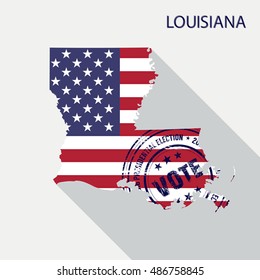 State of Louisiana vector graphic map with flag and presidential day vote stamp