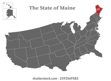 The state of Maine on the map of the United States of America is highlighted in red. States of the USA with borders on a general map