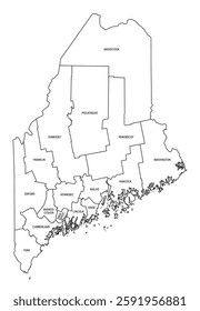 State of Maine subdivided into 16 counties, outline map. State in the New England region of the United States, nicknamed The Pine Tree State, and Vacationland. Map with boundaries and county names.