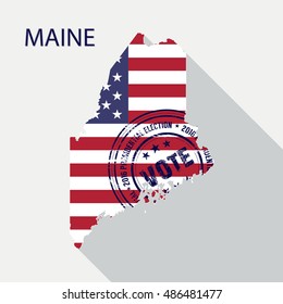 State of Maine vector graphic map with flag and presidential day vote stamp