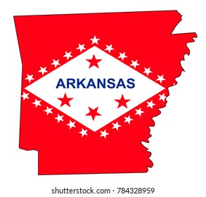 State map outline of Arkansas over a white background with flag inset