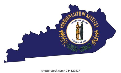 State map outline of Kentucky over a white background with flag inset