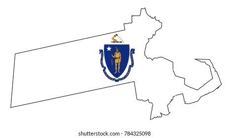 State map outline of Massachusetts with flag over a white background