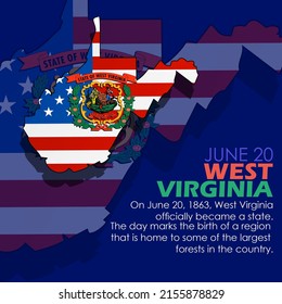 State map of Virginia and its flag with text and bold sentences on blue background, West Virginia Day June 20