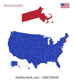 The State of Massachusetts is Highlighted in Red. Blue Vector Map of the United States Divided into Separate States. Map of the USA Split into Individual States.