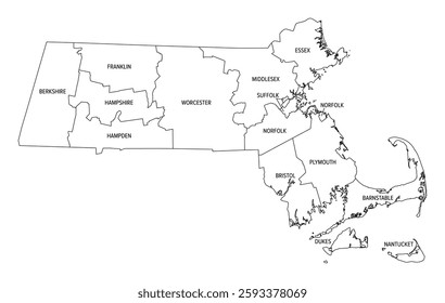 State of Massachusetts subdivided into 14 counties, outline map. Commonwealth of Massachusetts, a state in the New England region of Northeastern United States, nicknamed The Bay State. Vector