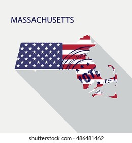 State of Massachusetts vector graphic map with flag and presidential day vote stamp