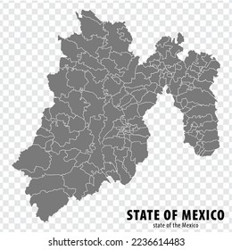 Mapa del estado de México sobre trasfondo transparente. Mapa en blanco de Edomex con regiones en gris para el diseño de tu sitio web, logotipo, aplicación, interfaz de usuario. México. EPS10.