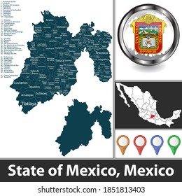 State of Mexico with municipalities and location on Mexican map. Vector image