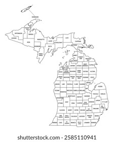 State of Michigan divided into counties, outline map. State in the Great Lakes region of the Upper Midwest of United States, subdivided into 83 counties. Map with boundaries and county names. Vector