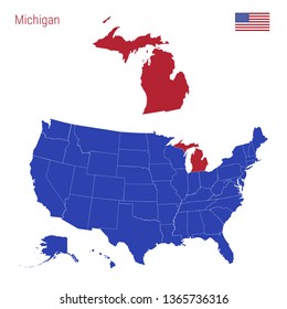 The State of Michigan is Highlighted in Red. Blue Vector Map of the United States Divided into Separate States. Map of the USA Split into Individual States.