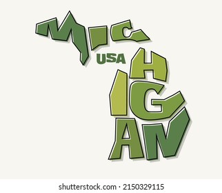 State of Michigan with the name distorted into state shape. Pop art style vector illustration for stickers, t-shirts, posters, social media and print media.