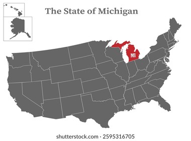 The state of Michigan on the map of the United States of America is highlighted in red. States of the USA with borders on a general map