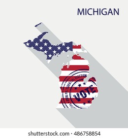 State of Michigan vector graphic map with flag and presidential day vote stamp