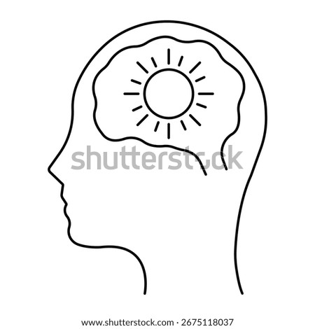 State of mind icon set vector illustration, human head with sun, positive thinking outline, mental health mindfulness enlightenment inspiration.