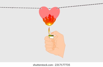 Estado de ánimo, fuego de amor quemando corazón roto. Quemando un corazón roto del amor en la llama de un encendedor. 