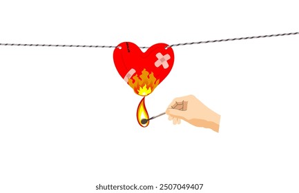 Estado de ánimo, amor fuego quemando corazón roto. Quemando un corazón roto de amor en la llama de un fósforo.