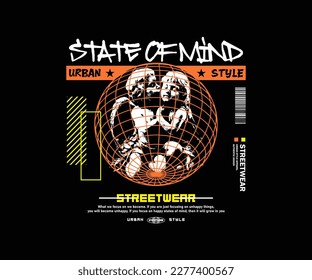 state of mind slogan print design with baby angel in frame globe illustration graffiti street art style, for streetwear and urban style t-shirts design, hoodies, etc.