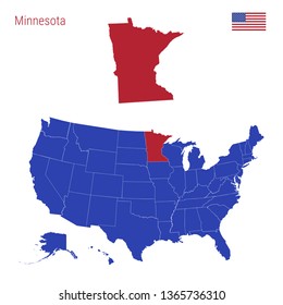 The State of Minnesota is Highlighted in Red. Blue Vector Map of the United States Divided into Separate States. Map of the USA Split into Individual States.