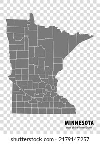 State Minnesota map on transparent background. Blank map of  Minnesota with  regions in gray for your web site design, logo, app, UI. USA. EPS10.