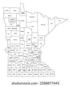 State of Minnesota subdivided into 87 counties, outline map. State in the Upper Midwestern region of the United States, nicknamed North Star State. Map with boundaries and county names. Vector