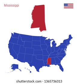 The State of Mississippi is Highlighted in Red. Blue Vector Map of the United States Divided into Separate States. Map of the USA Split into Individual States.