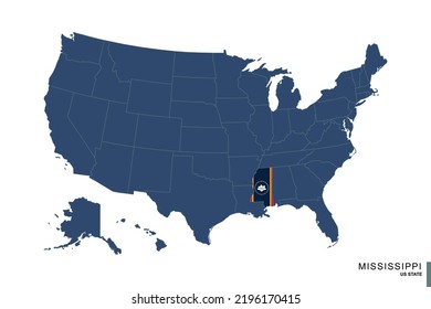 State of Mississippi on blue map of United States of America. Flag and map of Mississippi. Vector illustration.