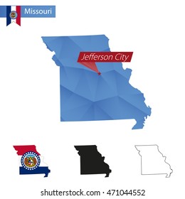 State of Missouri blue Low Poly map with capital Jefferson City, versions with flag, black and outline. Vector Illustration.