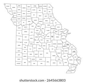 Estado de Missouri, subdividido em 114 condados e cidade independente de St. Louis, mapa político. Estado na região do Meio-Oeste dos Estados Unidos, apelidado de Estado Show Me e Mãe do Oeste.