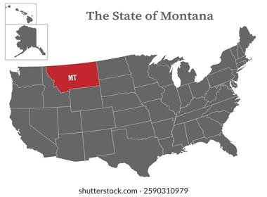 The state of Montana on the map of the United States of America is highlighted in red. States of the USA with borders on a general map