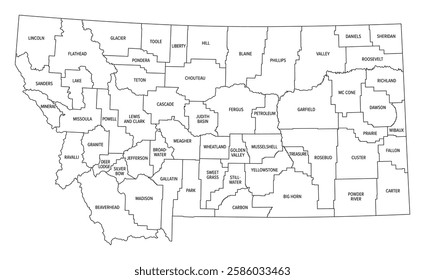 State of Montana subdivided into 56 counties, outline map. State in the Mountain West region of the United States, nicknamed Big Sky Country, and Treasure State. Map with boundaries and county names.