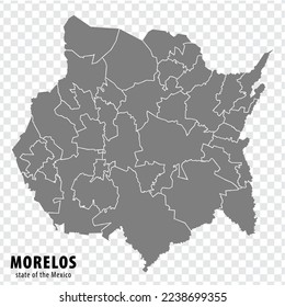 Mapa del estado Morelos de México sobre fondo transparente. Mapa en blanco de Morelos con regiones en gris para el diseño de tu sitio web, logotipo, aplicación, interfaz de usuario. México. EPS10.