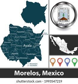 Estado de Morelos con municipios y ubicación en el mapa mexicano. Imagen del vector